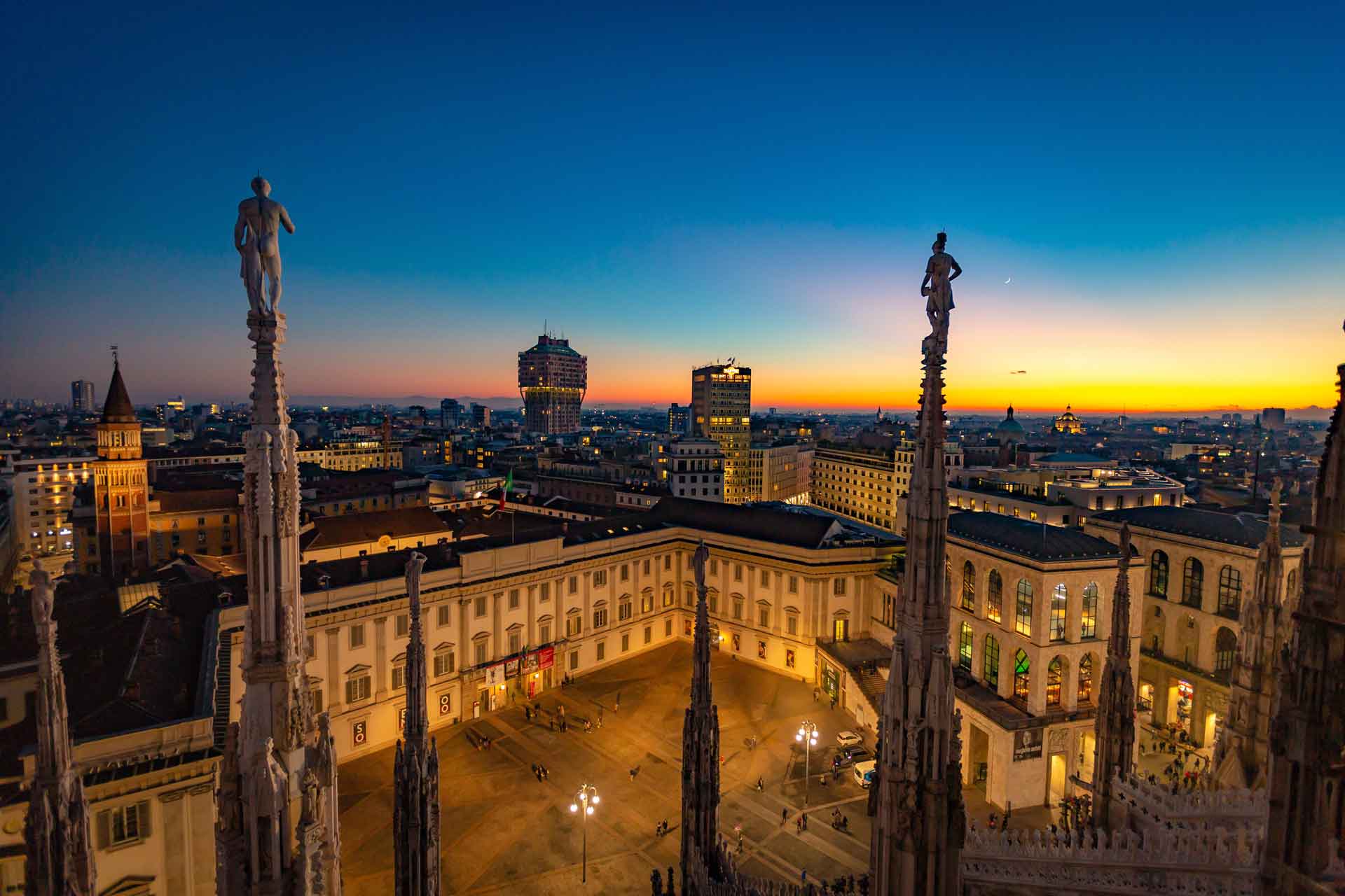 Milan panorama from Duomo at sunset